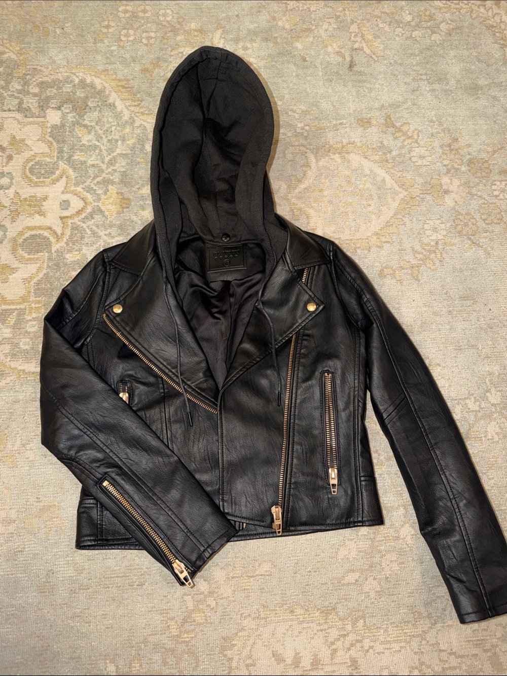 Blank NYC Black Faux Leather Hooded Moto Jacket with Gold Hardware